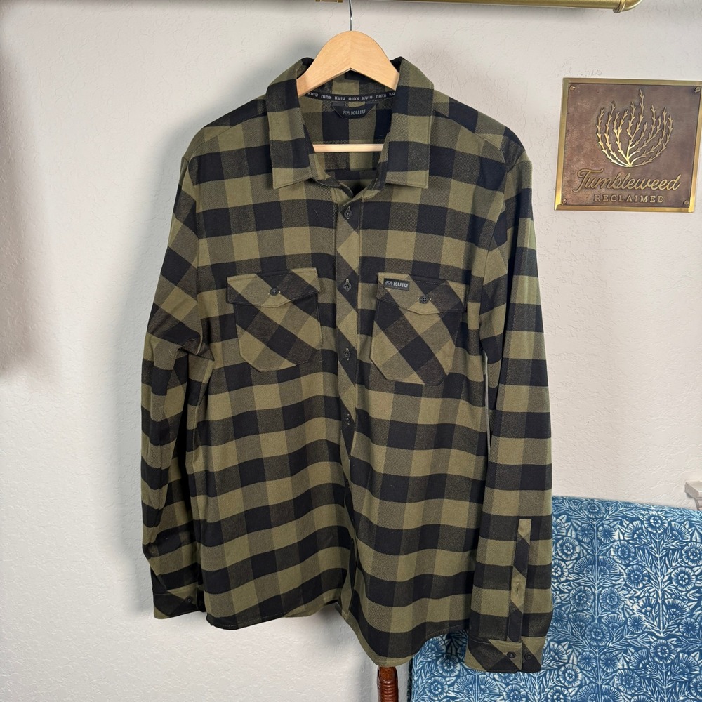 Kuiu Guide Flannel Shirt Mens XL Green Black Buffalo Check Stretch Button Up